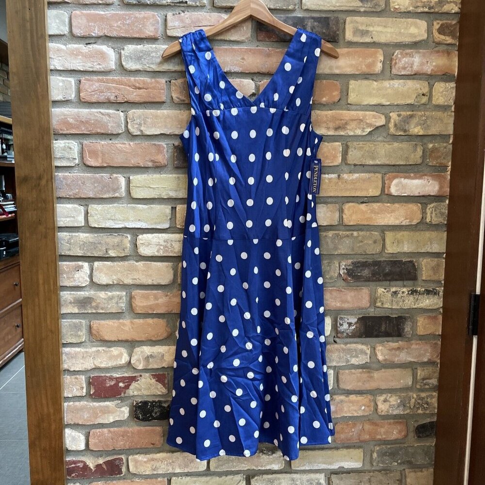 Pendleton Womens Fit Flare Dress Size 10P Blue White Polka Dot Silk Blend Pinup